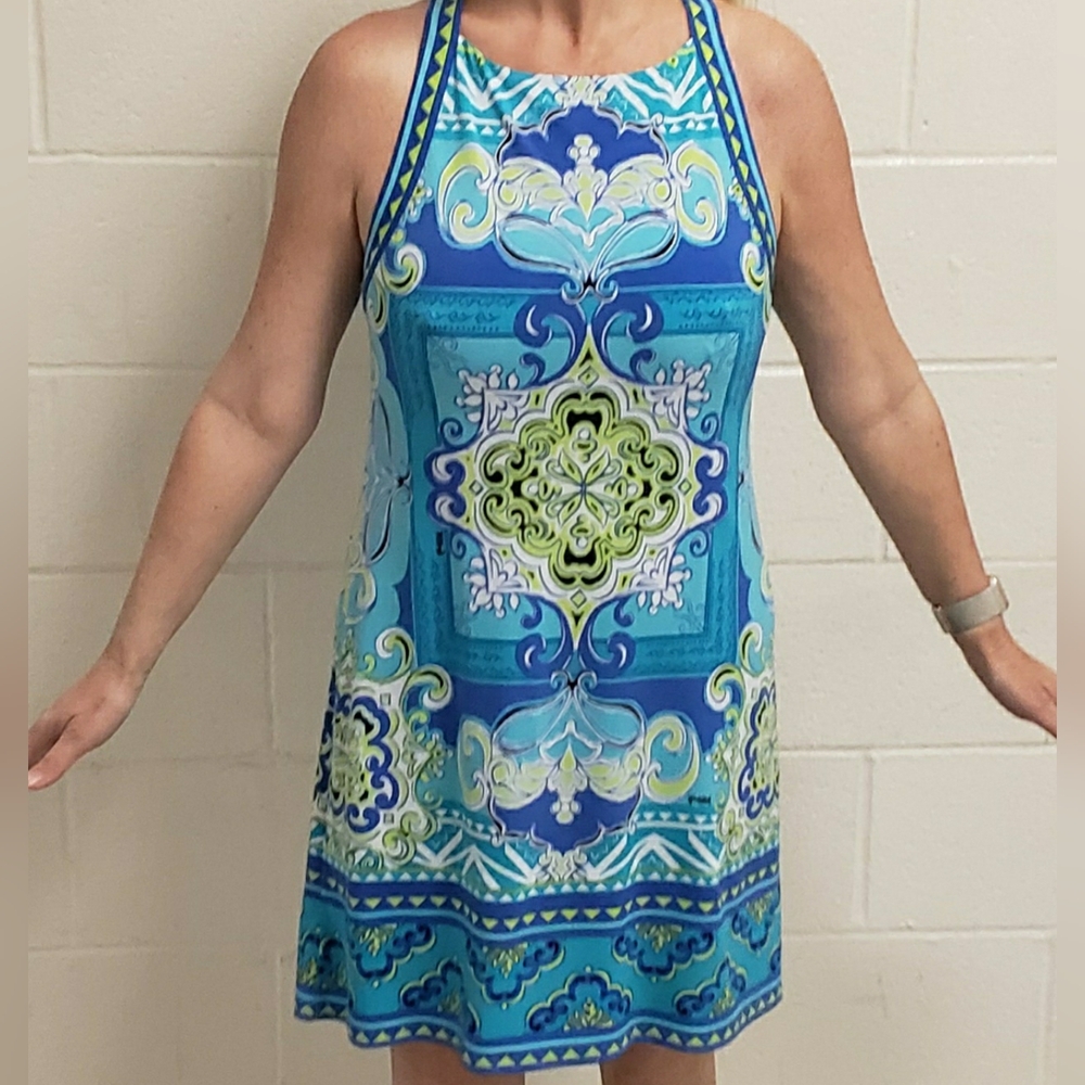 Hale Bob Blue & Aqua Printed Rare Crossback/Front Mini Dress Lining Large - Picture 7 of 8